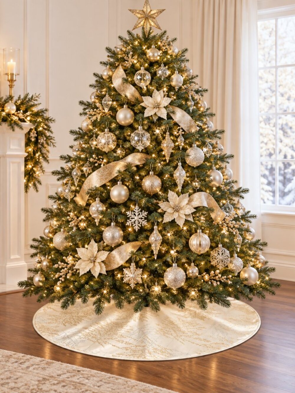 Waterford Linens Christmas 54" Tree Skirt Frosted Branches Luxury Gold Ivory
